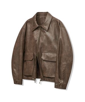 87-STAN176 미니멀 빈티지 더블 포켓 레더 자켓 라이트 브라운