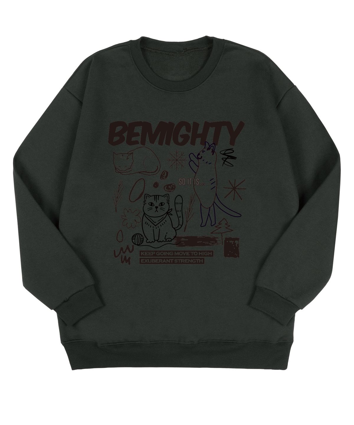 비마이티(BEMIGHTY) 드로잉 캣 기모 오버핏 맨투맨 [다크그레이]