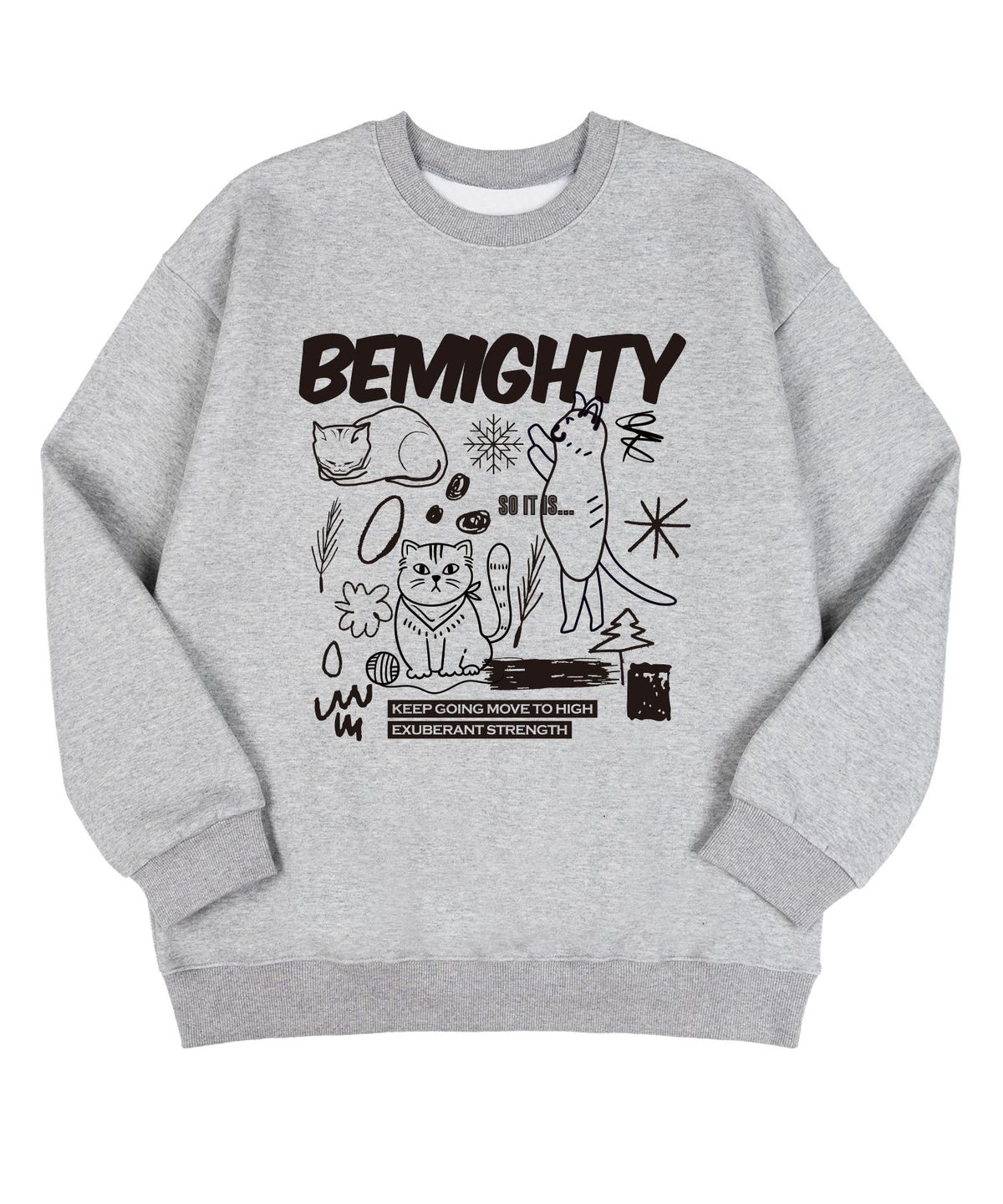 비마이티(BEMIGHTY) 드로잉 캣 기모 오버핏 맨투맨 [그레이]