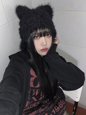 캣 퍼 이어플랩 비니 - 아이보리, 베이지, 차콜, 블랙