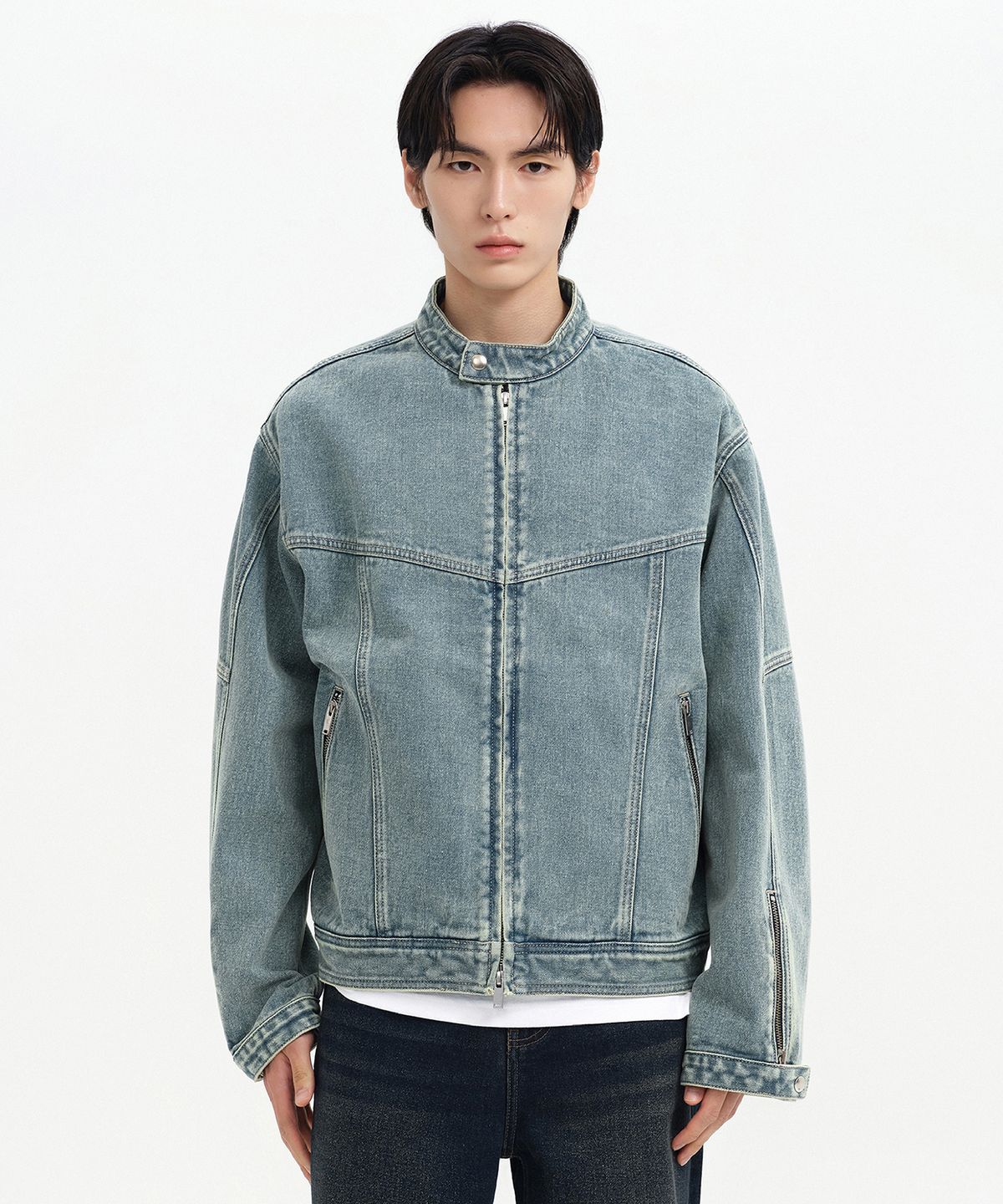 무신사 스탠다드(MUSINSA STANDARD) 스톤 워시드 데님 레이서 재킷 [러스티 스카이 블루]