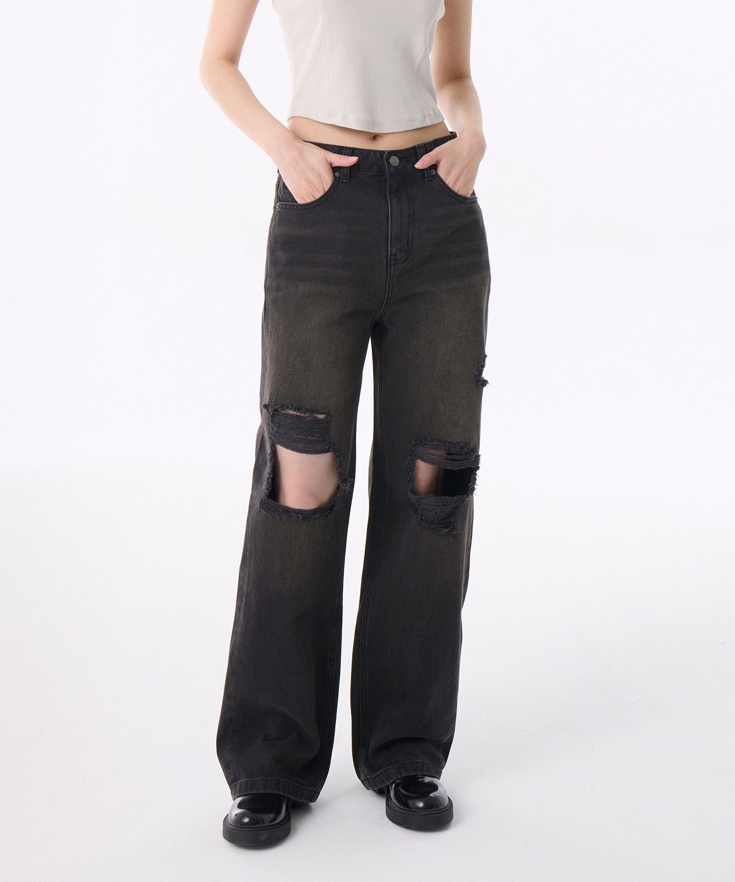 ★MUSINSA STANDARD★ Destroyed Knee Wide Denim Pants Dark Bl MUSINSA | MUSINSA STANDARD Destroyed Knee Wide Denim Pants