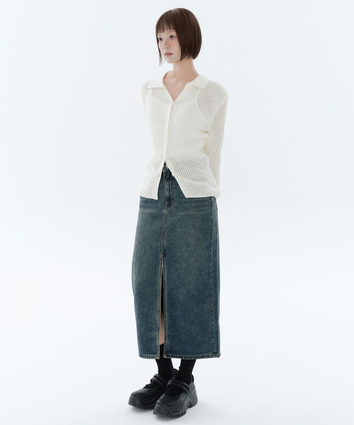 무신사 스탠다드 우먼(MUSINSA STANDARD WOMAN) 우먼즈 프론트 슬릿 데님 롱 스커트 [러스티 블루]