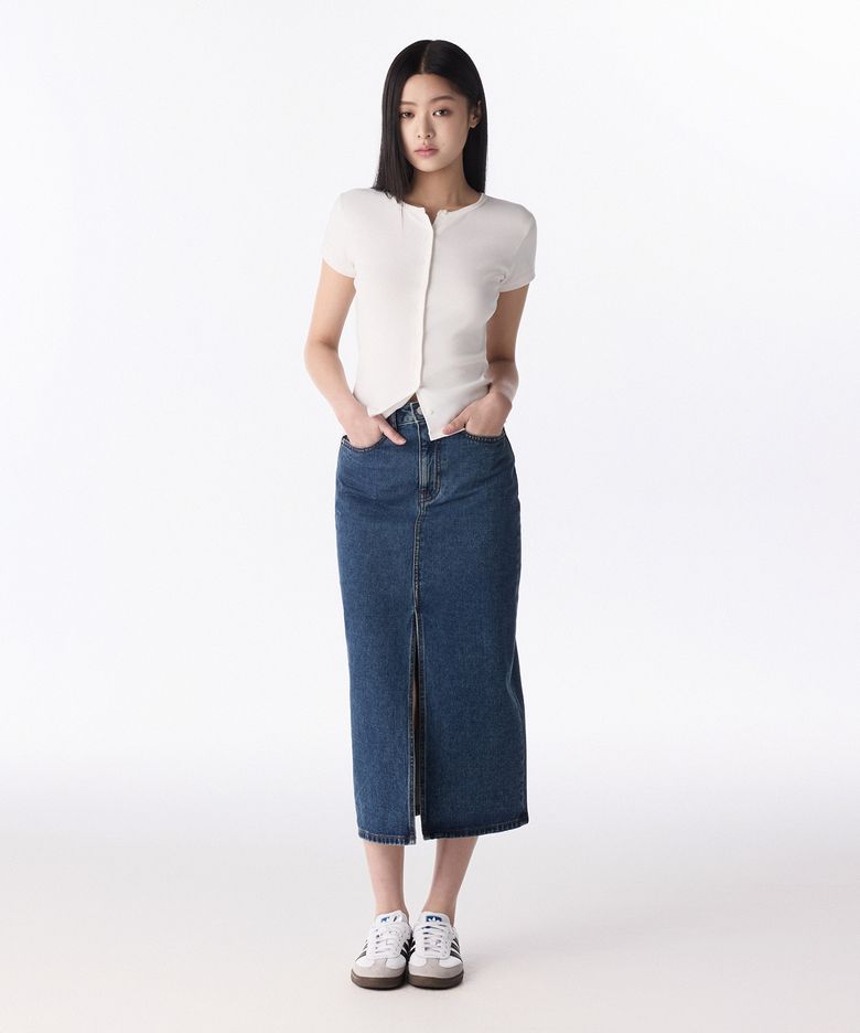 우먼즈 프론트 슬릿 데님 롱 스커트 [미디엄 인디고]