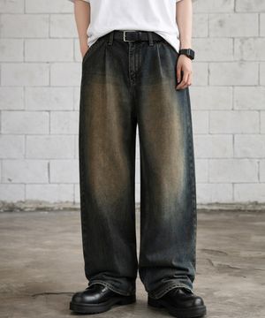 핀턱 빈티지 워싱 벌룬핏 와이드 데님팬츠 (Yellow Blue)