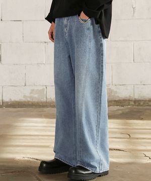 블루워싱 커브드 절개라인 와이드 데님 팬츠