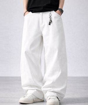 화이트 커브드 절개라인 와이드 코튼 팬츠