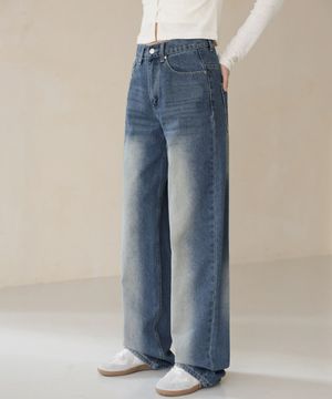 하이웨스트 브러쉬워싱 롱 와이드  청바지