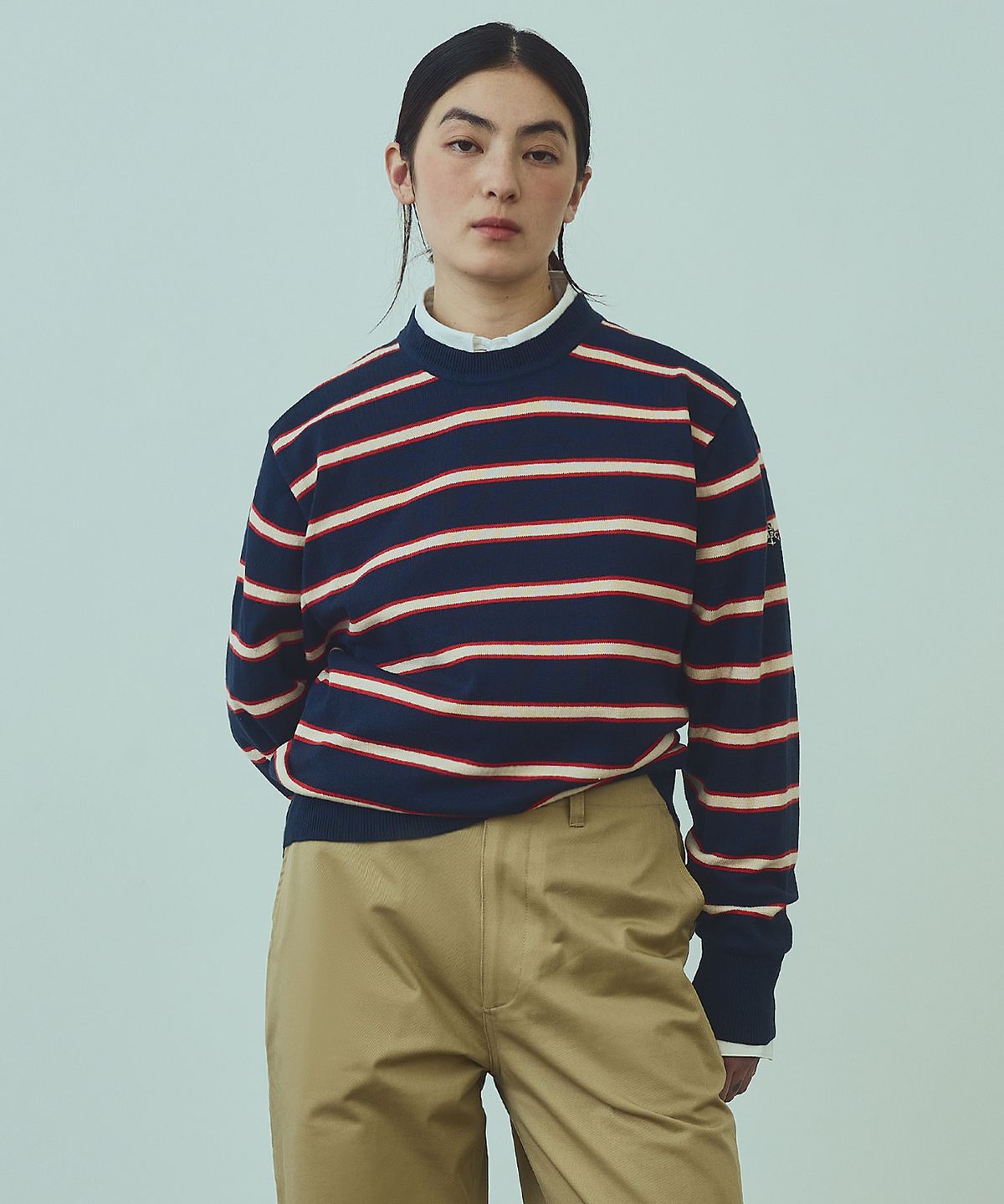 유니폼브릿지(UNIFORM BRIDGE) stripe crew neck knit(womens) navy