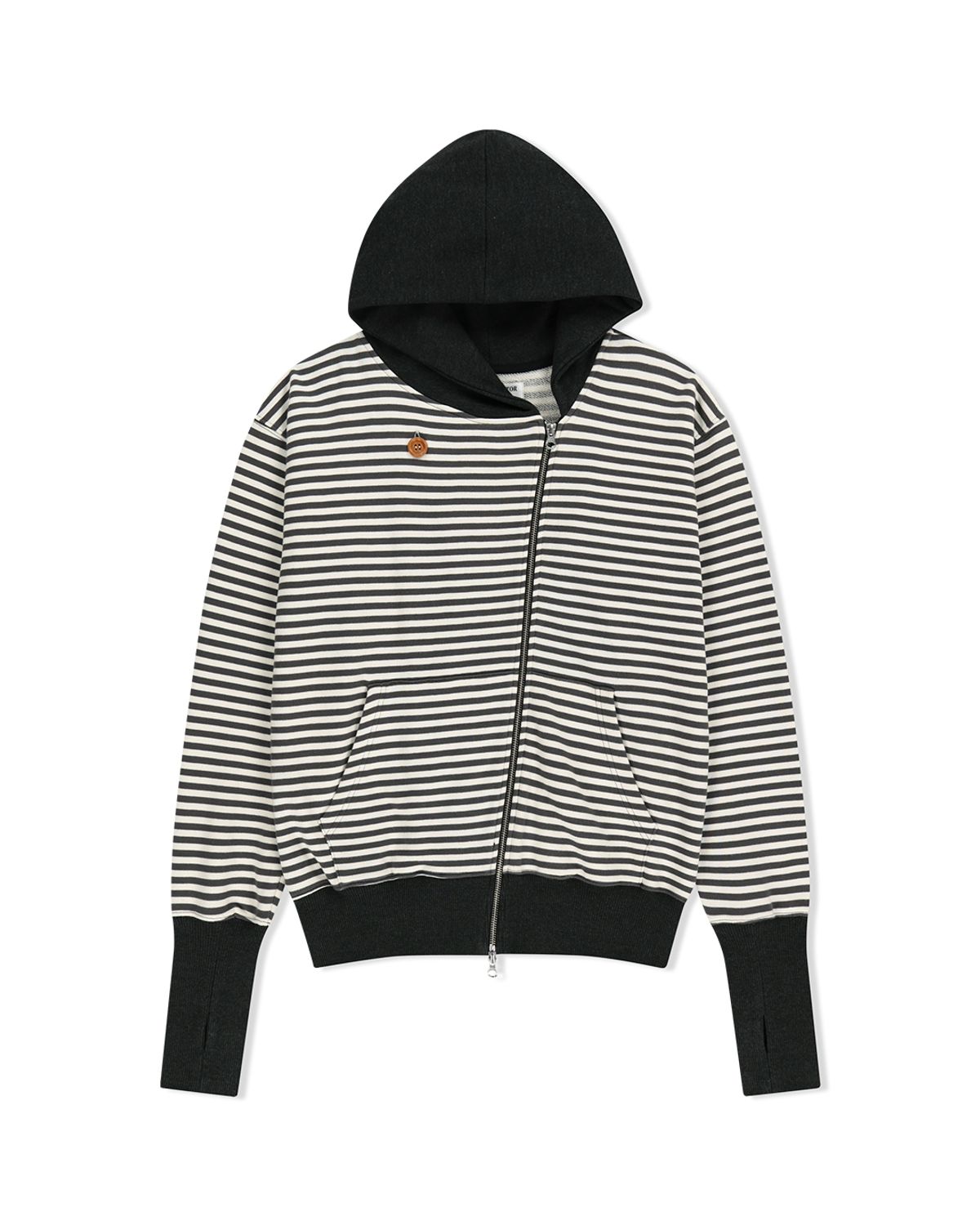더뮤지엄비지터(THEMUSEUMVISITOR) STRIPE UNBALANCED ZIPUP HOODIE (CHARCOAL)