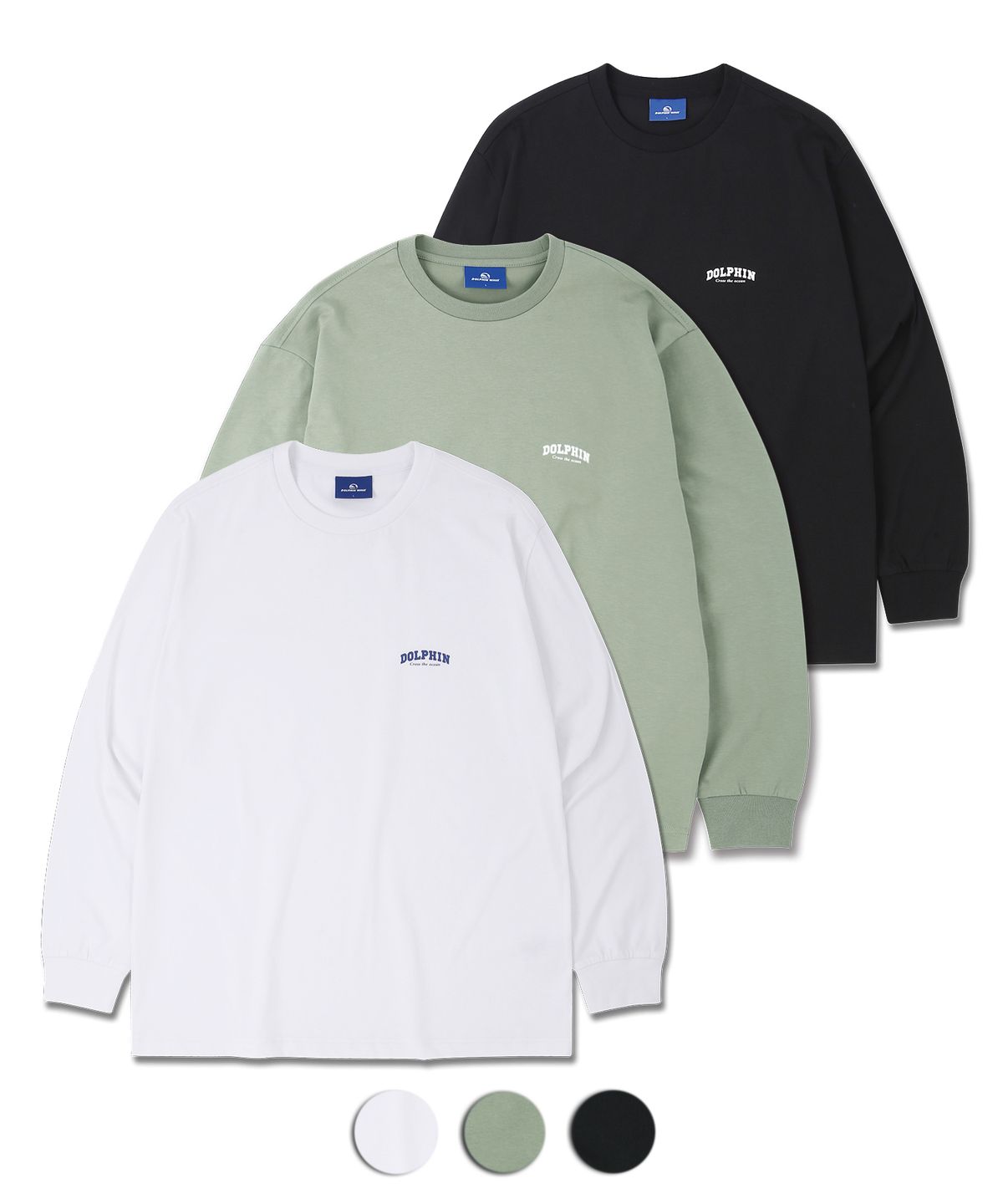 돌핀웨이브어패럴(DOLPHIN WAVE APPAREL) [3팩] 돌핀 아치로고 롱 슬리브 티셔츠 화이트 & 라이트카키 & 블랙
