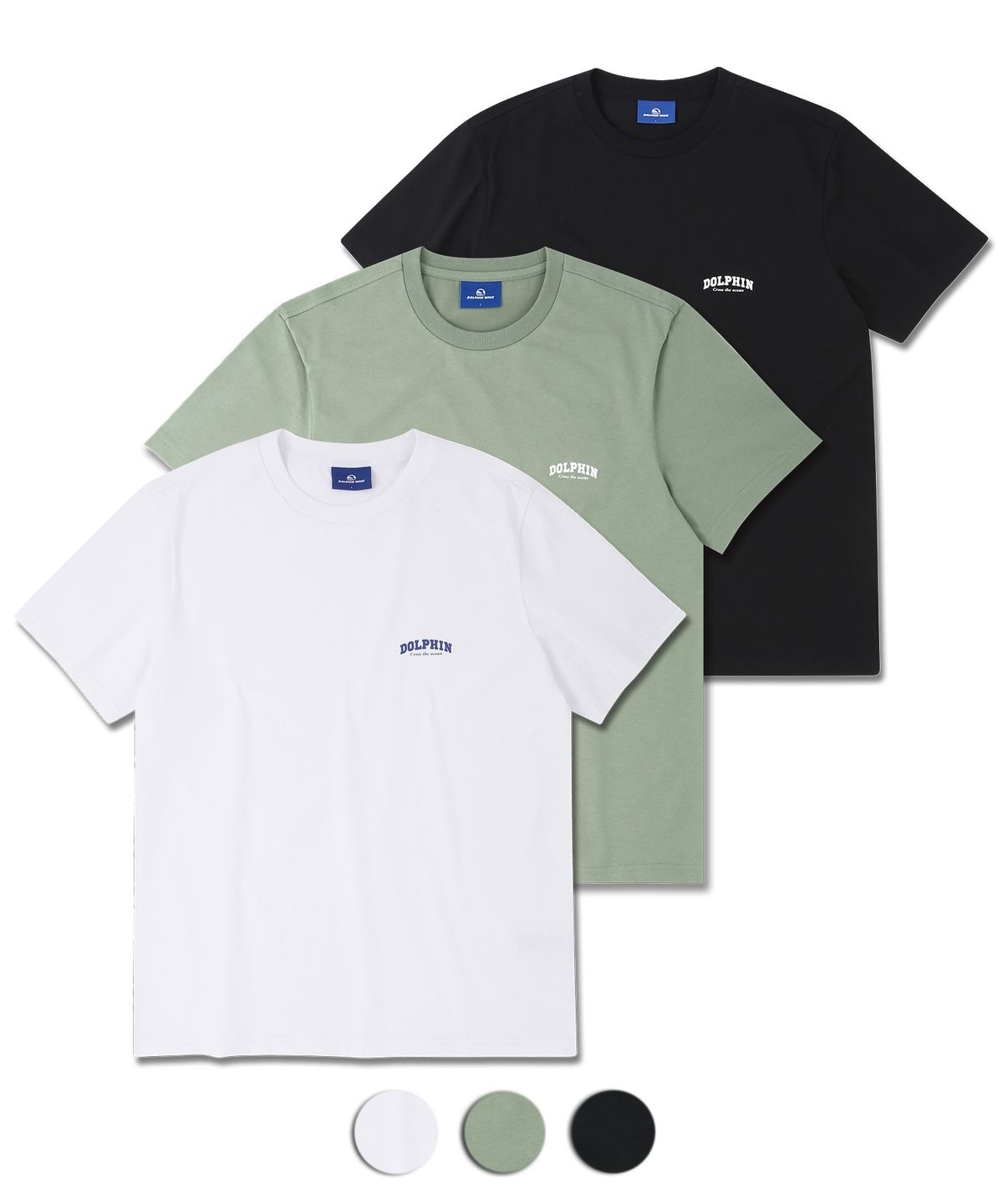 돌핀웨이브어패럴(DOLPHIN WAVE APPAREL) [3팩]돌핀 아치로고 티셔츠 화이트 & 라이트카키 & 블랙