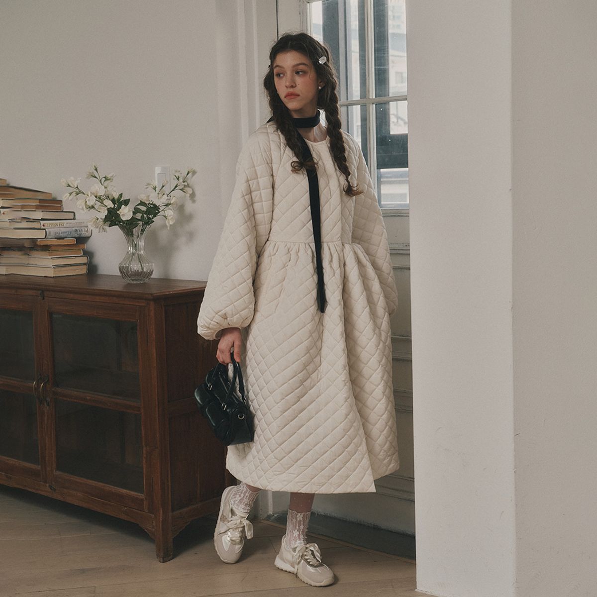 던드롭(DUNDROP) DD_Fluffy plaid coat dress_2color