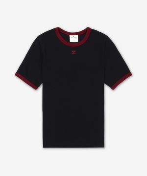 시그니처 콘트라스트 반소매 티셔츠 - 블랙:루비 / 125JTS017JS0203B087