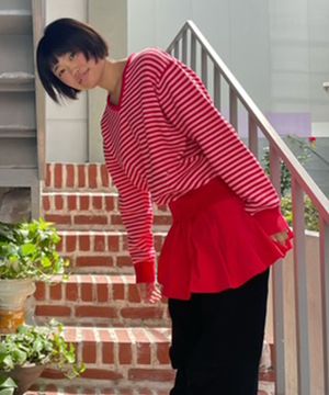 (우먼) 브이넥 스트라이프 니트_핑크