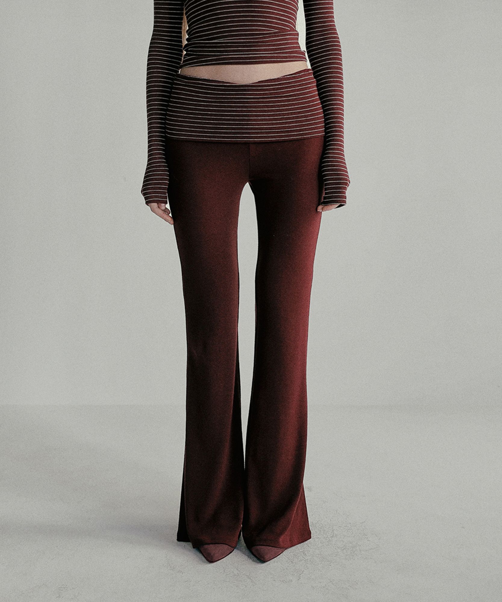 パンツ BADBLOOD Beyond Soft Fold Over Bootcut Pants 5BMM091 Badblood Beyond Soft Fold Over Bootcut Pants Stripe Charcoal