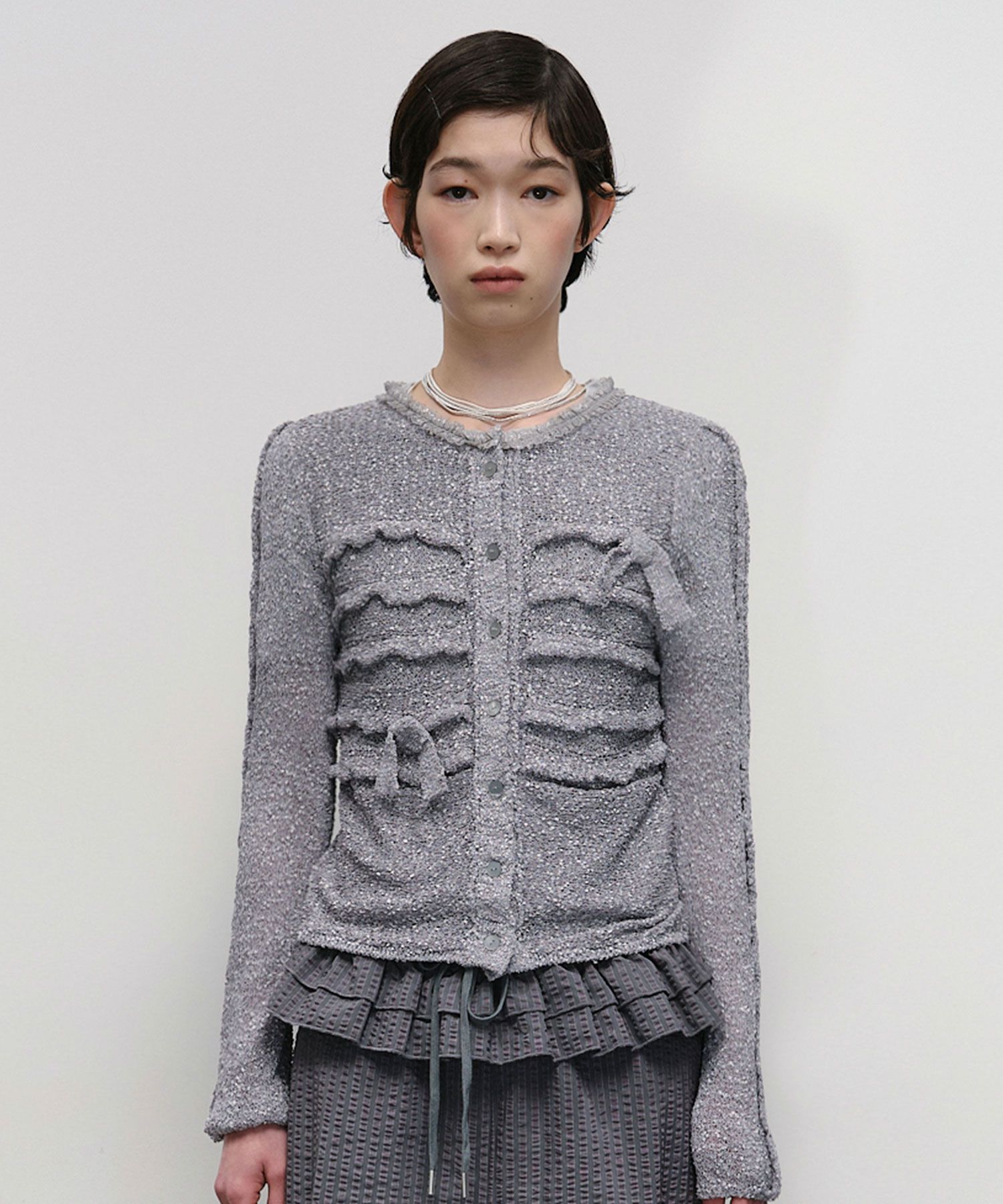 MUSINSA | TYPESERVICE Fuzzy Ruffled Ribbon Cardigan [Gray]
