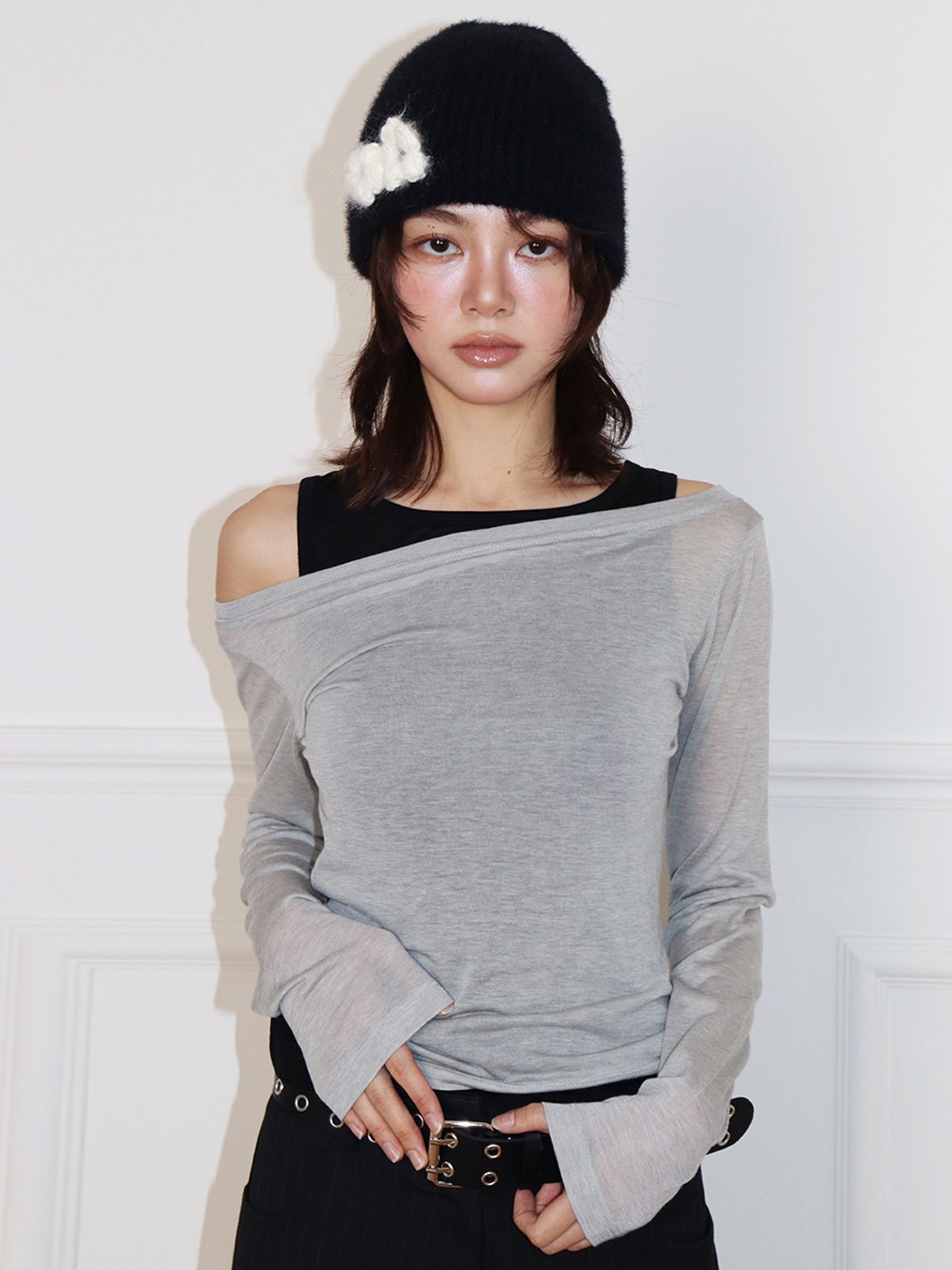 민더리(MEENDERI) 2WAY SHEER LAYERED TOP - BLACK