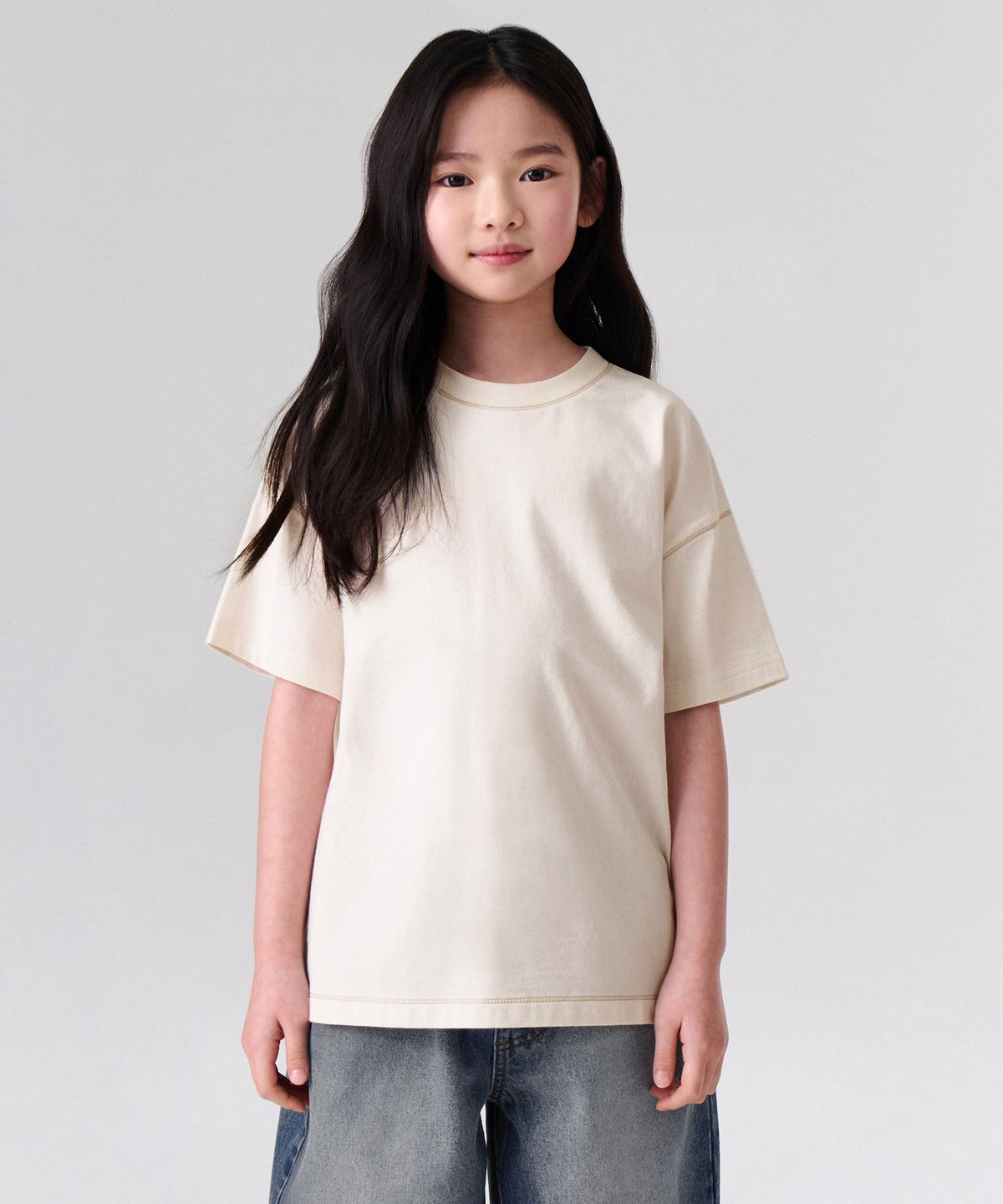 무신사 스탠다드 키즈(MUSINSA STANDARD KIDS) 콘트라스트 커버 스티치 오버사이즈 티셔츠 [크림]