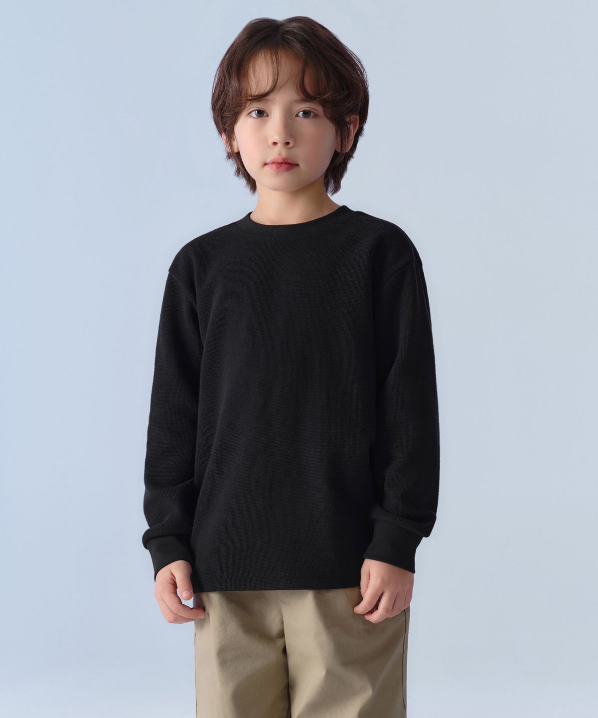 무신사 스탠다드 키즈(MUSINSA STANDARD KIDS) 와플 릴렉스드 크루 넥 긴소매 티셔츠 [블랙]