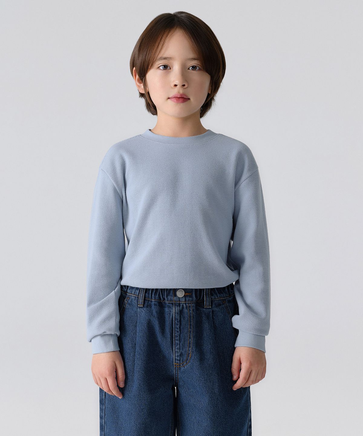 무신사 스탠다드 키즈(MUSINSA STANDARD KIDS) 와플 릴렉스드 크루 넥 긴소매 티셔츠 [블루 그레이]