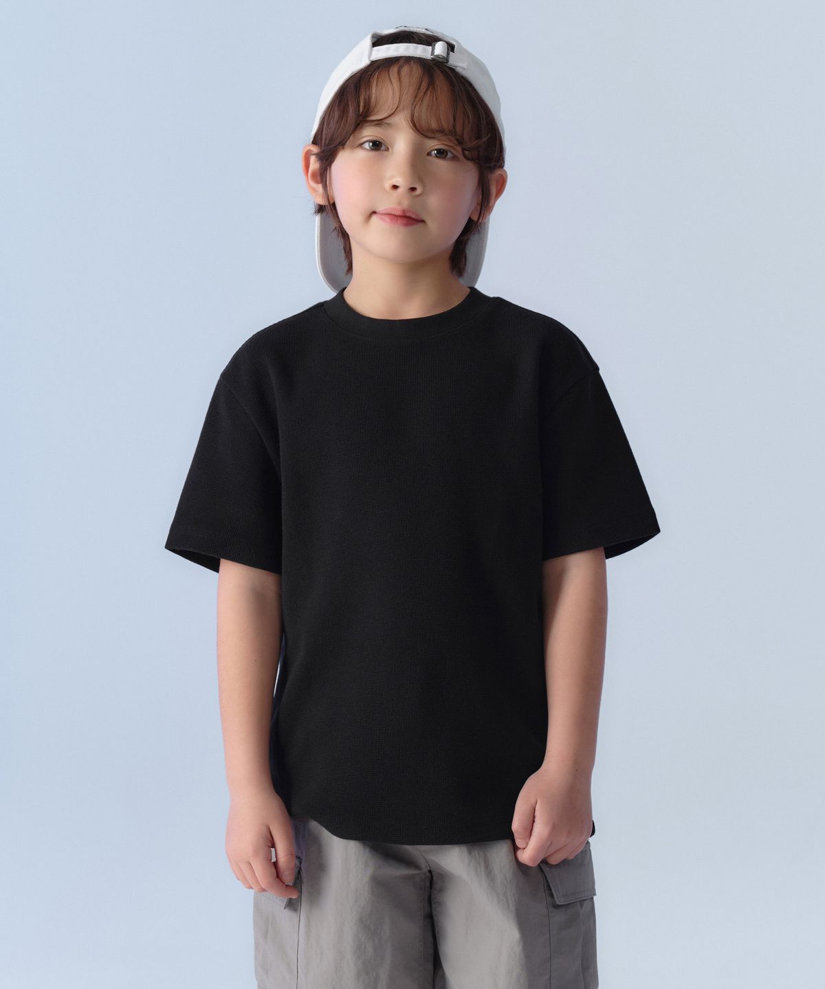 무신사 스탠다드 키즈(MUSINSA STANDARD KIDS) 와플 릴렉스드 크루 넥 티셔츠 [블랙]
