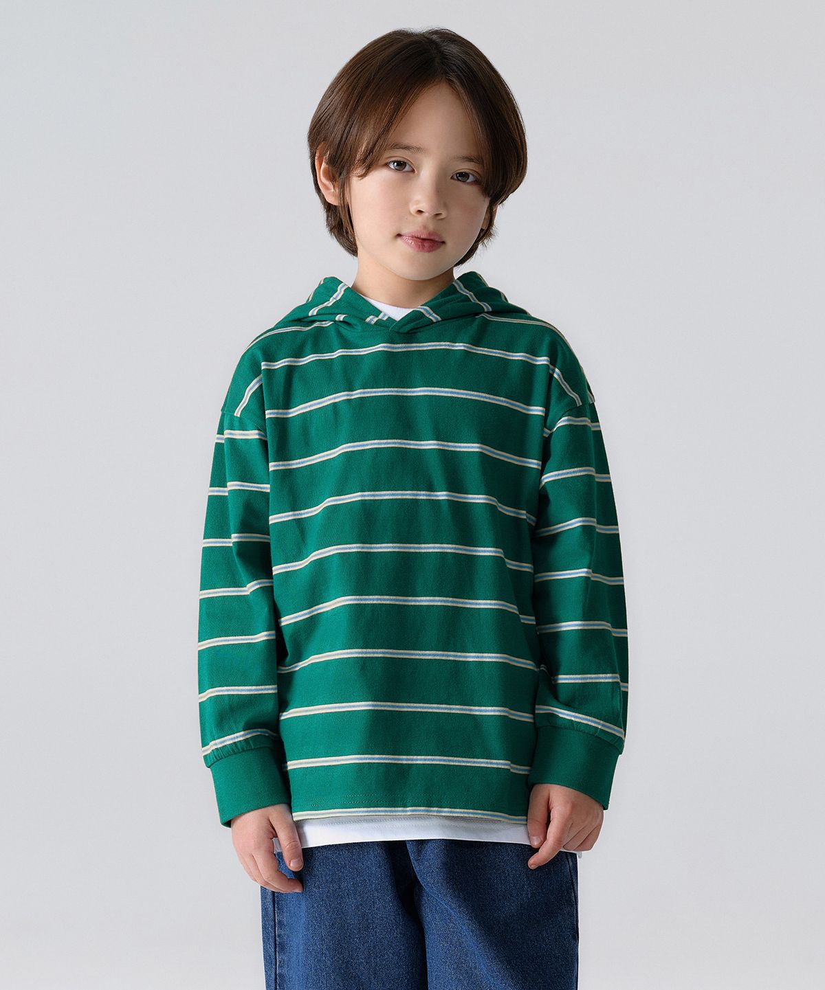 무신사 스탠다드 키즈(MUSINSA STANDARD KIDS) 멀티 스트라이프 후디드 긴소매 티셔츠 [그린]