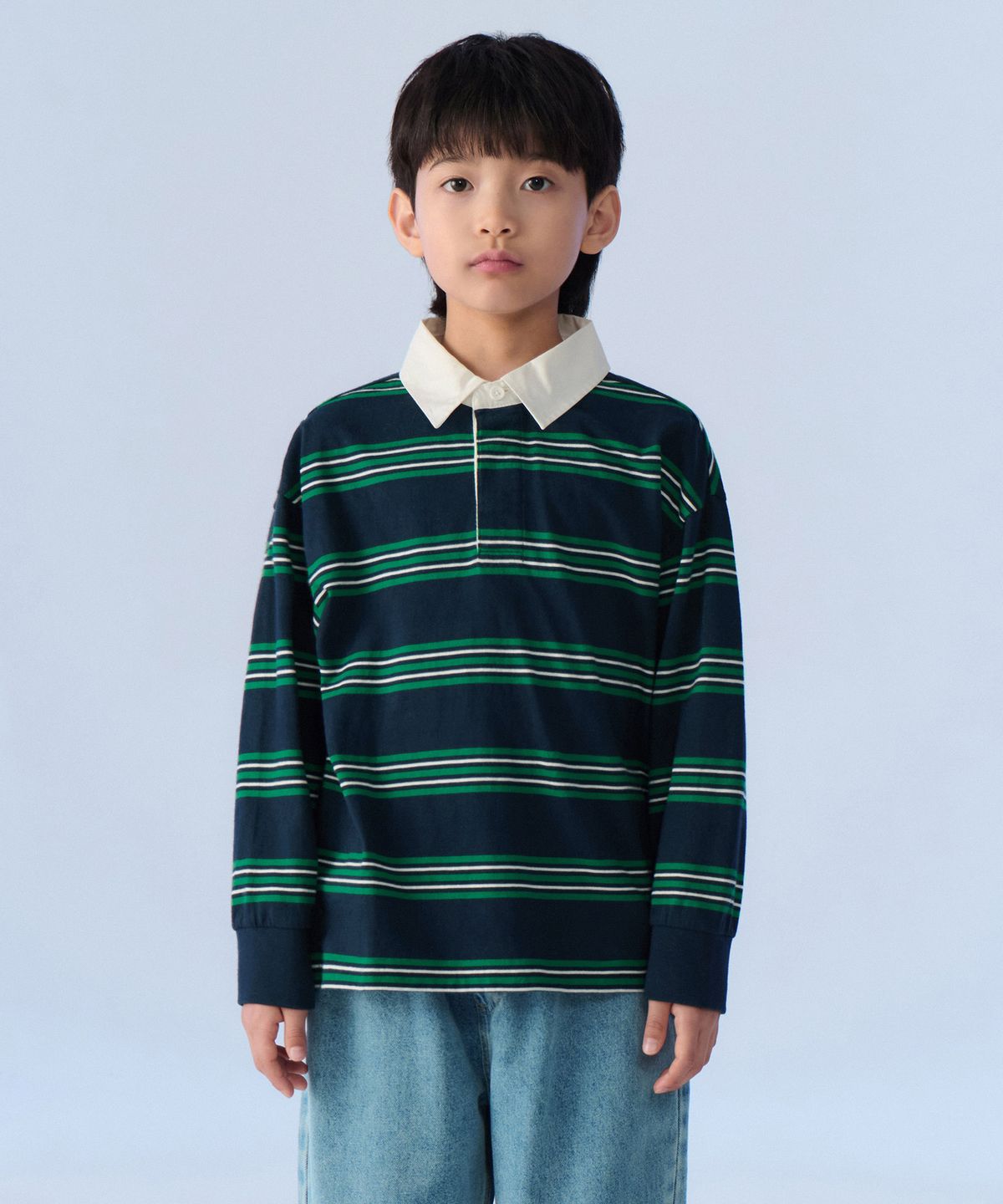 무신사 스탠다드 키즈(MUSINSA STANDARD KIDS) 멀티 스트라이프 럭비 셔츠 1 [네이비]