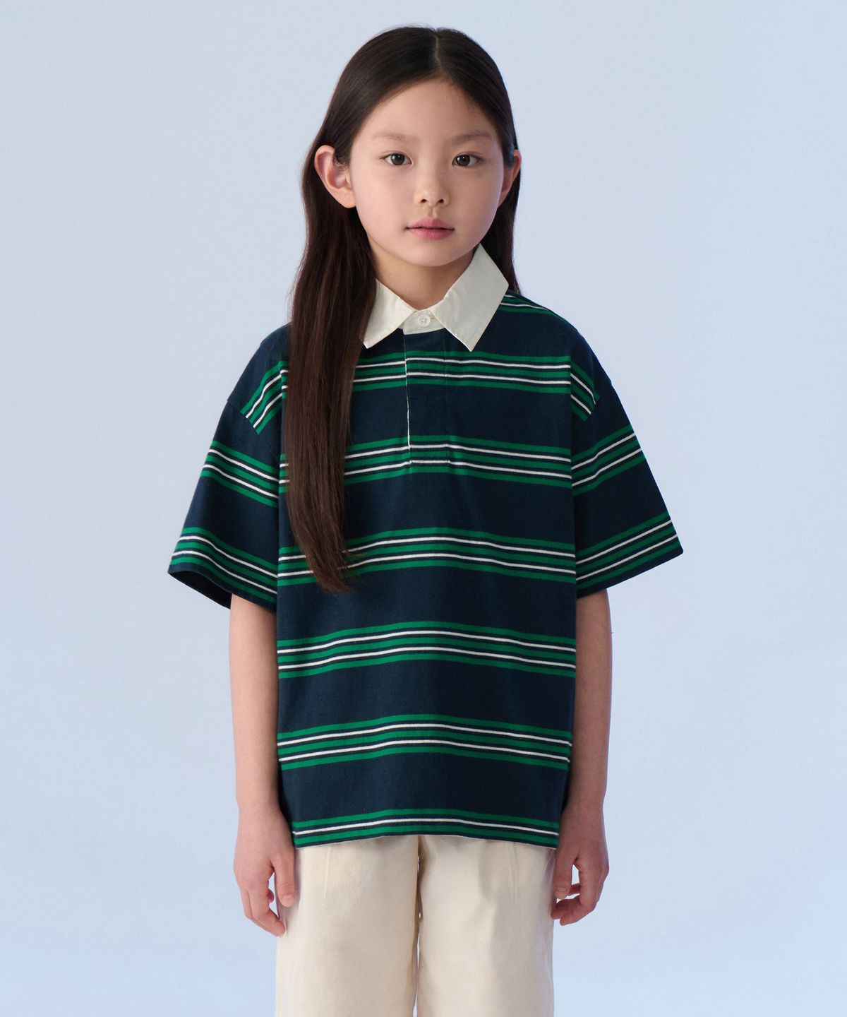 무신사 스탠다드 키즈(MUSINSA STANDARD KIDS) 멀티 스트라이프 반소매 럭비 셔츠1 [네이비]