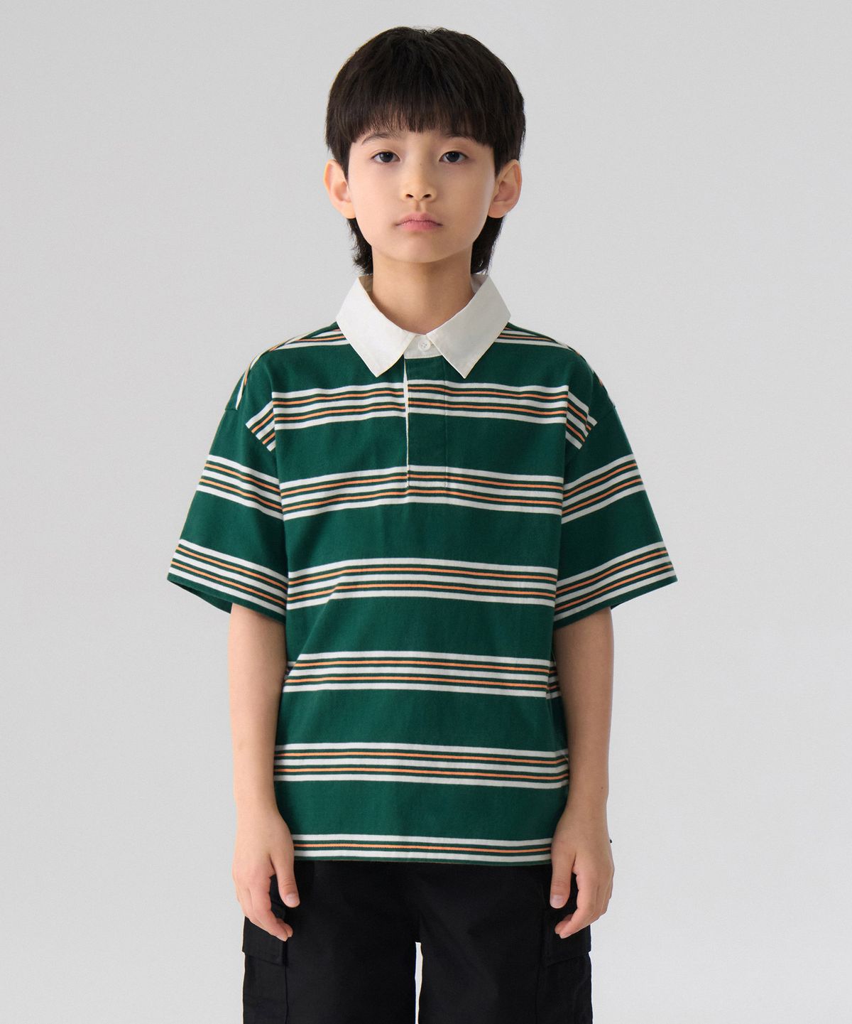 무신사 스탠다드 키즈(MUSINSA STANDARD KIDS) 멀티 스트라이프 반소매 럭비 셔츠1 [그린]