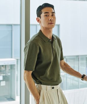 린넨 블렌디드 반팔 카라니트_카키