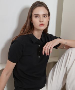 린넨 블렌디드 반팔 카라니트_블랙