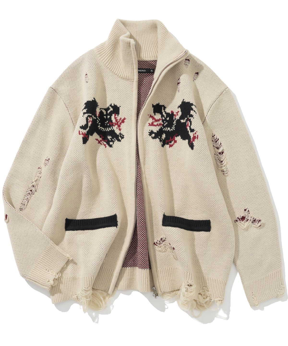 낫포너드(NOT4NERD) Flying Horn Destoryed Knit Zip Up - Beige