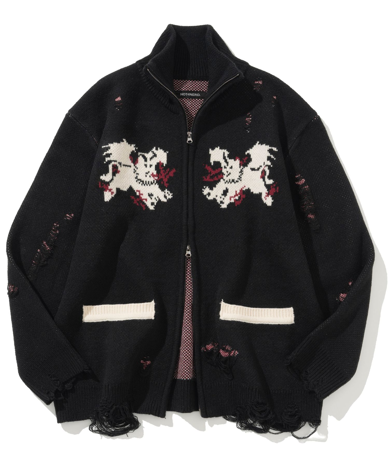 【NOT4NERD】Flying Horn Destoryed Knit Zip Up / 追跡付 MUSINSA公式 | NOT4NERD Flying Horn Destoryed Knit Zip Up - Black