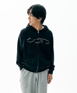 Disk Logo Denim Applique Zip-Up Black