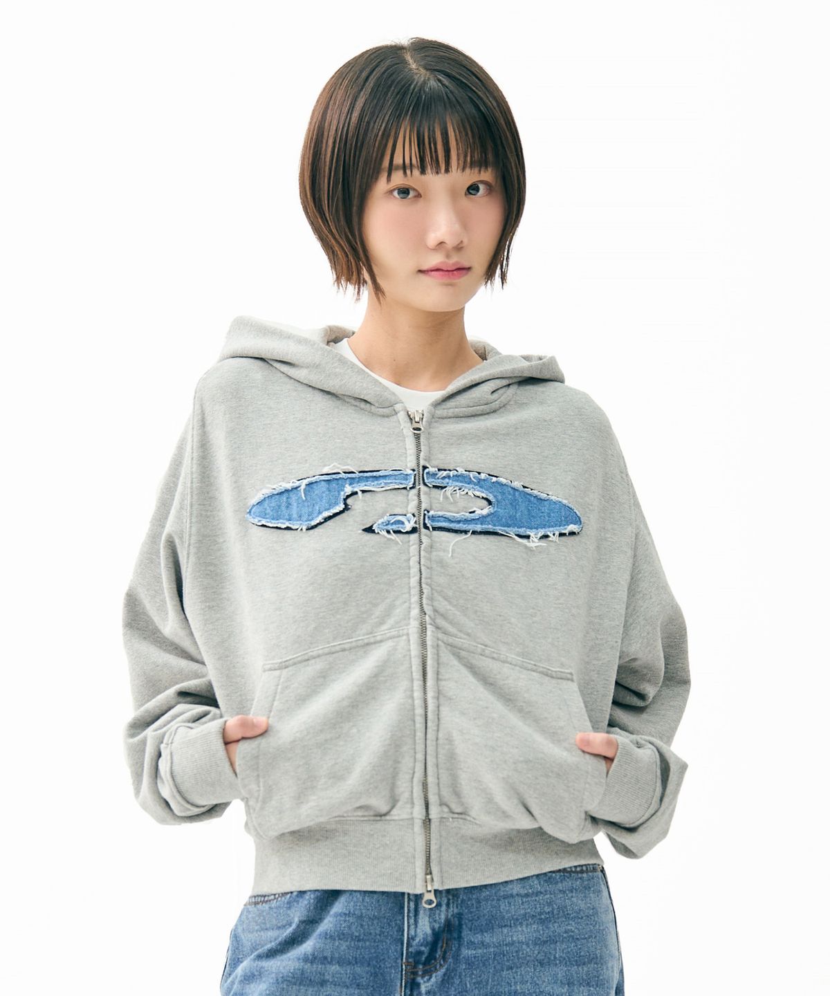 에프디알(FDR) Disk Logo Denim Applique Zip-Up M.Gray