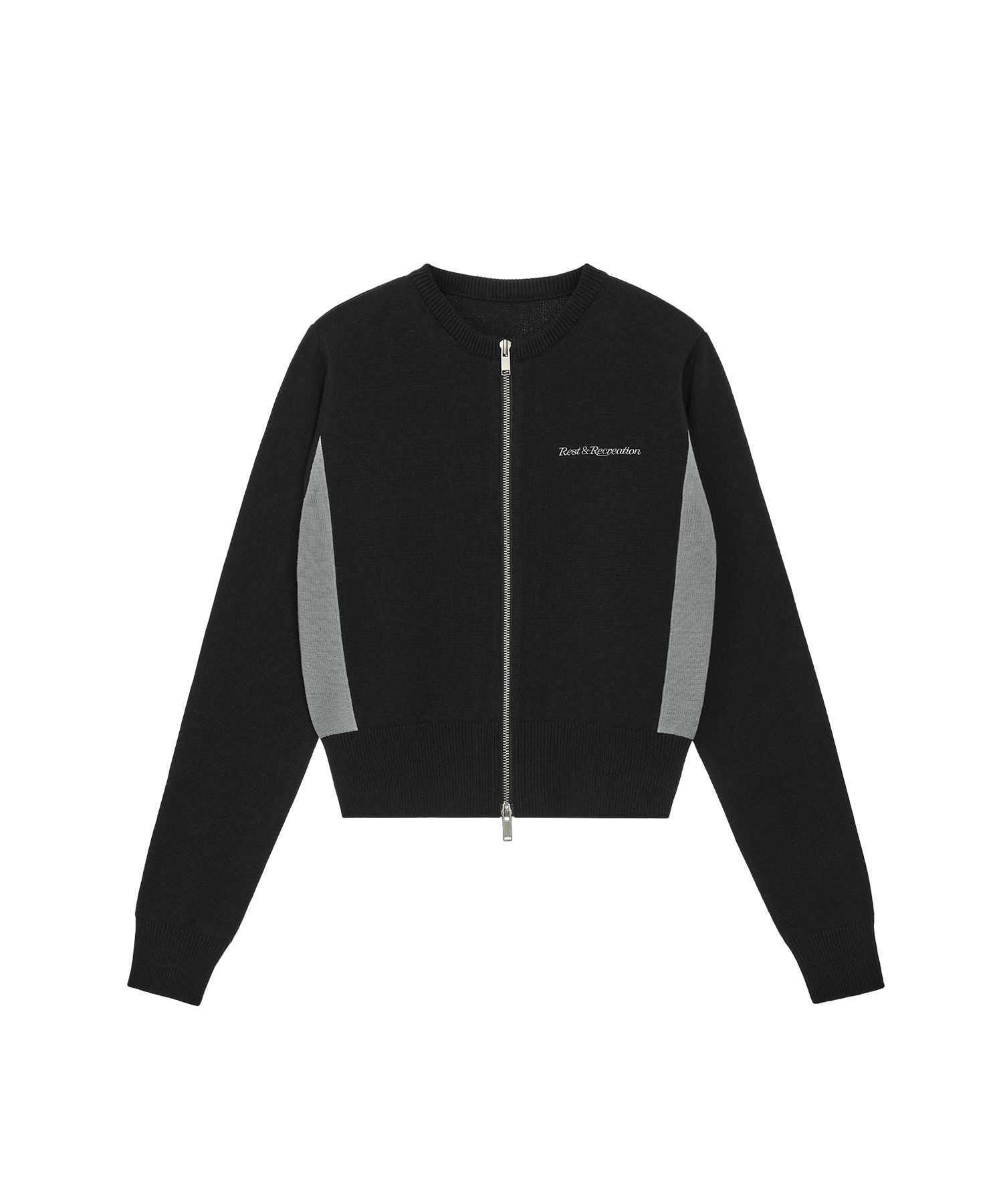 MUSINSA公式 | REST&RECREATION ROUND NECK KNIT ZIP-UP - BLACK