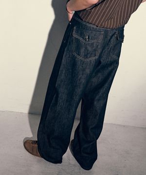 생지 스트레이트 데님 팬츠 - 블랙