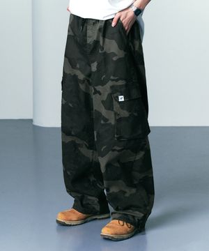 카모 워싱 와이드 카고 스트링 팬츠 카키