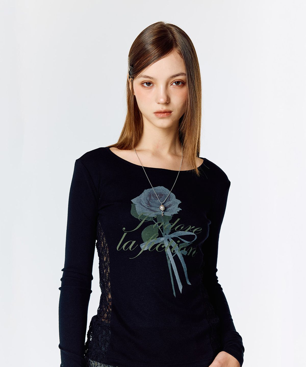 라티젠(LARTIGENT) L15 LACE SLIM T-SHIRT(BLACK)