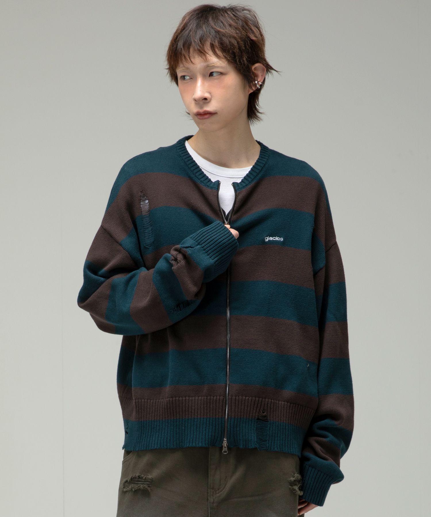 MUSINSA公式 | GLACK GNT055 ディストレスド長袖ジップアップニット