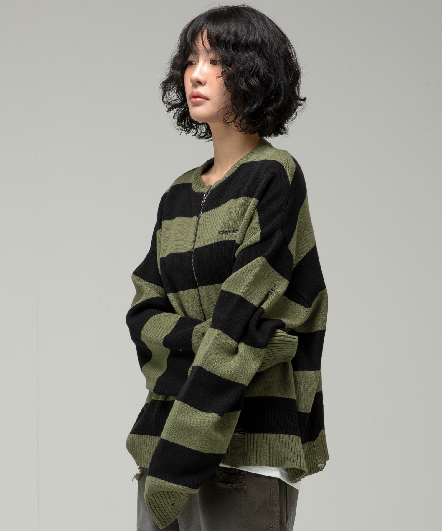 MUSINSA公式 | GLACK GNT055 ディストレスド長袖ジップアップニット