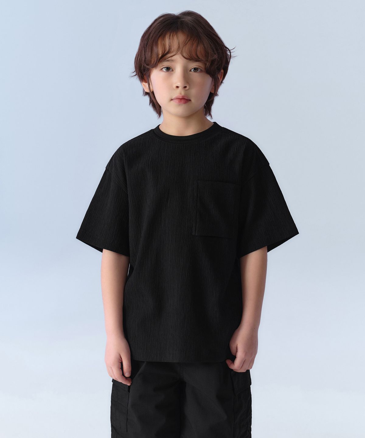 무신사 스탠다드 키즈(MUSINSA STANDARD KIDS) 크링클 오버사이즈 우븐 티셔츠 [블랙]