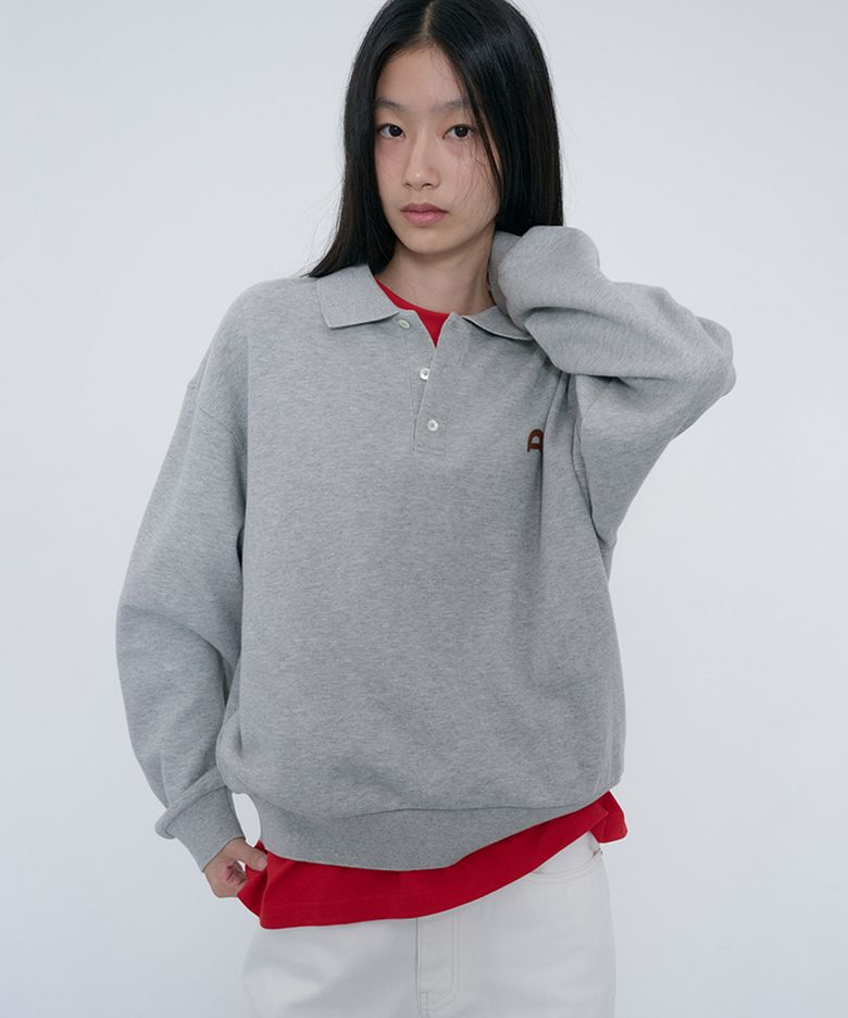UNISEX LEATHER LOGO COLLARED T-SHIRT_UDTS6C110_MELANGE GREY