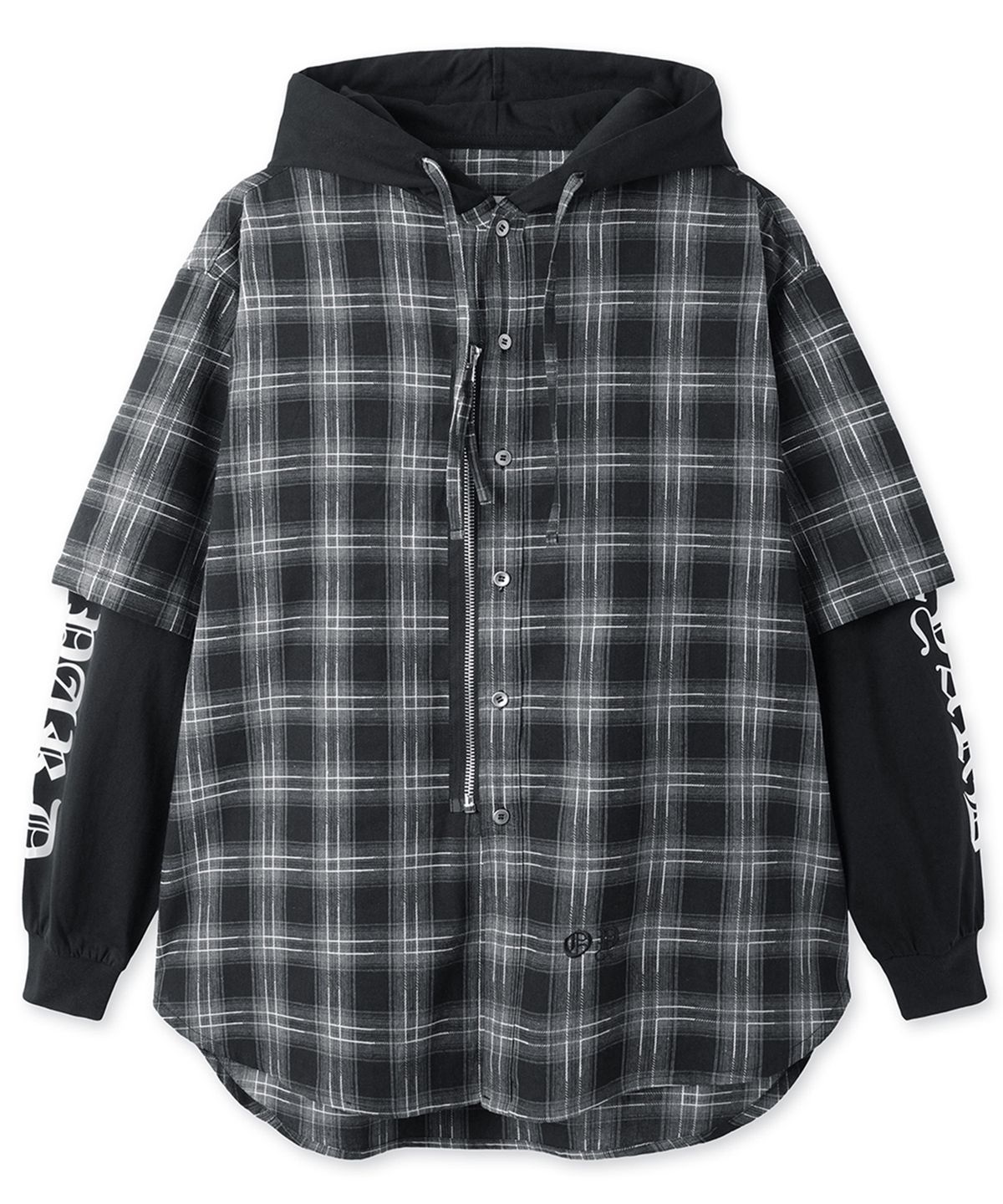 오픈야드(오와이)(OPENYARD(OY)) LAYERED CHECK ZIP HOODIE SHIRT - BLACK