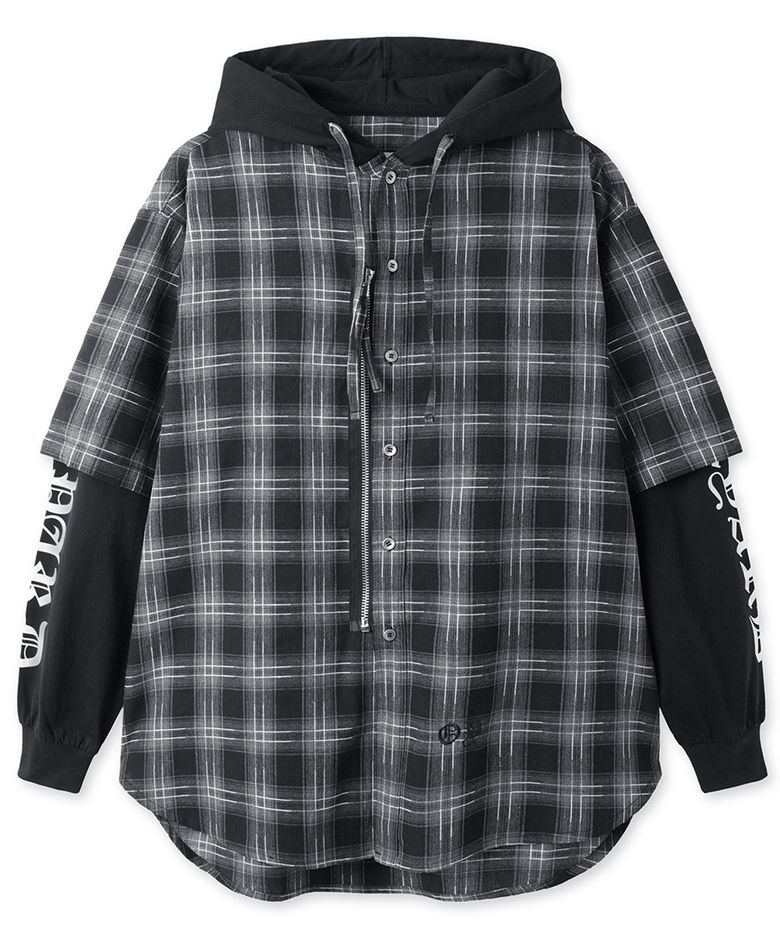 LAYERED CHECK ZIP HOODIE SHIRT - BLACK
