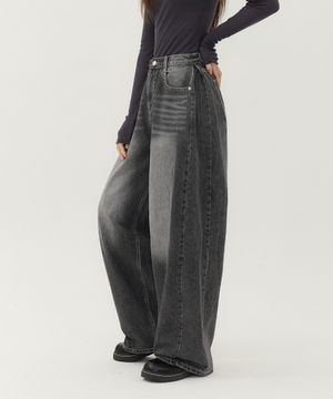 유니섹스 사이드 핀턱 벌룬 와이드 데님 팬츠 (그레이워싱)