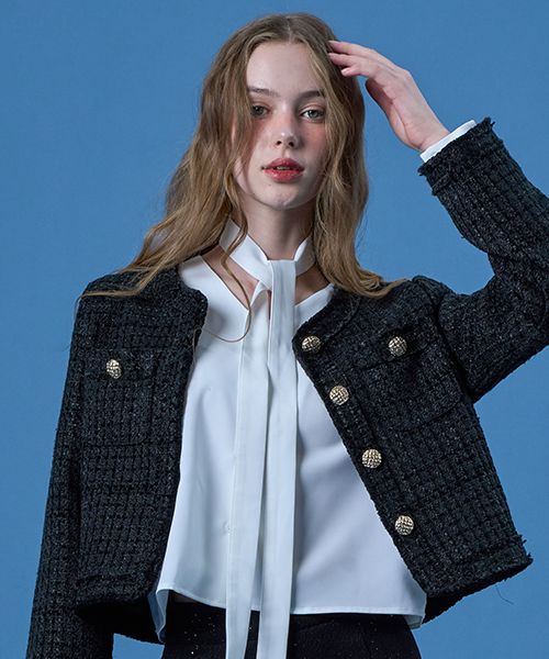 MUSINSA公式 | KOLEAT Round Daily Stitch Tweed Jacket [BLACK]