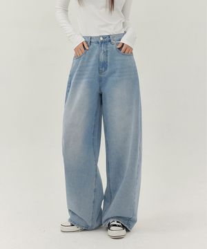 유니섹스 사이드 핀턱 벌룬 와이드 데님 팬츠 (연청)