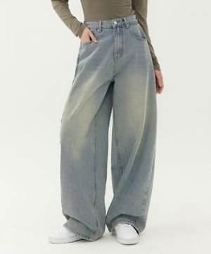유니섹스 사이드 핀턱 벌룬 와이드 데님 팬츠 (연청 틴)